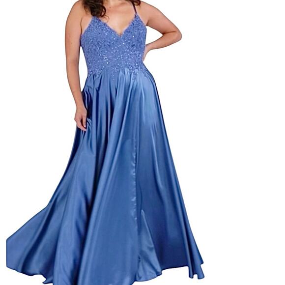 Faviana 9498 Blue Satin Formal Gown – Size 18 – Beaded Bustier & Corset Back NWT - Picture 5 of 16